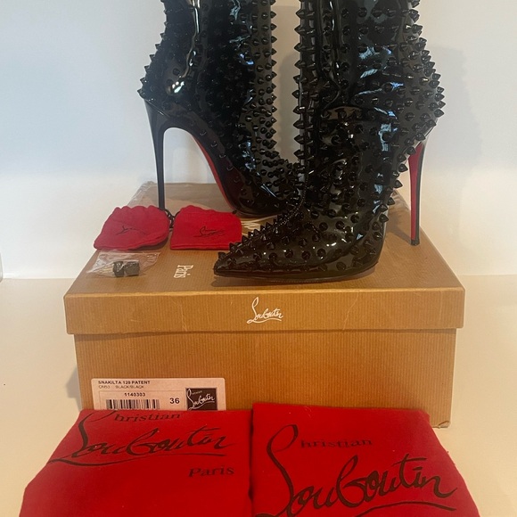 Christian Louboutin Black Patent Spiked Boots - Picture 1 of 6
